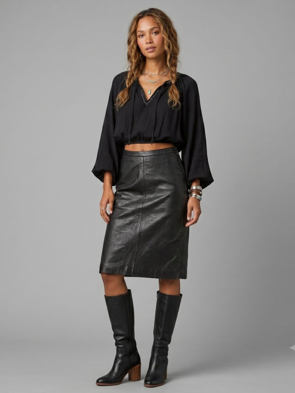 Pour Le Sport Size 6 Vintage Boho Black Pebbled Leather Midi Skirt - Picture 3 of 11